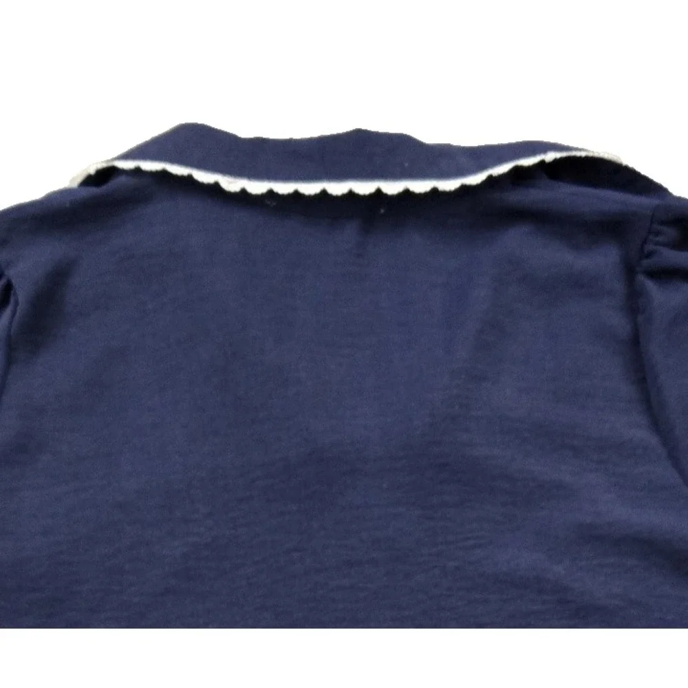 Fair Haven Women's Short Sleeve Shirt Navy with Feminine Lace Trim Demure Large - Picture 5 of 9